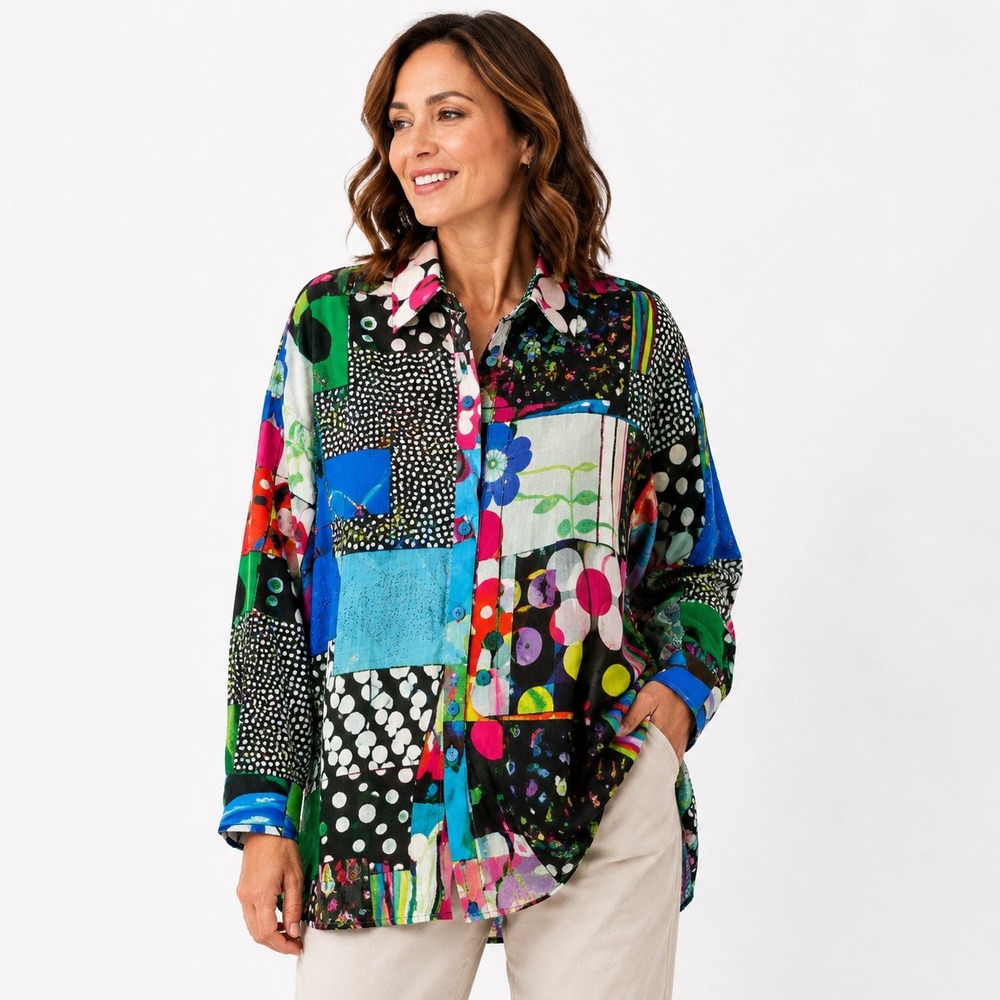 Ali‎ Miles Womens Large Abstract Patchwork Button Up Shirt Art to Wear Colorful